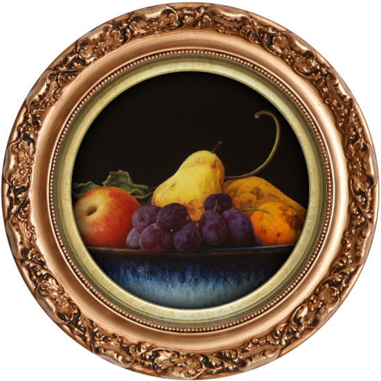 Oil Painting, Surreal, Melancholy, Beautiful. Fruit rotting in a lopsided bowl.