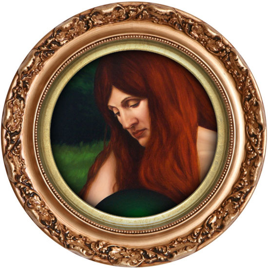 Oil Painting, Surreal, Melancholy, Beautiful. Rue. Portrait of a woman gazing pensively into a crystal ball.